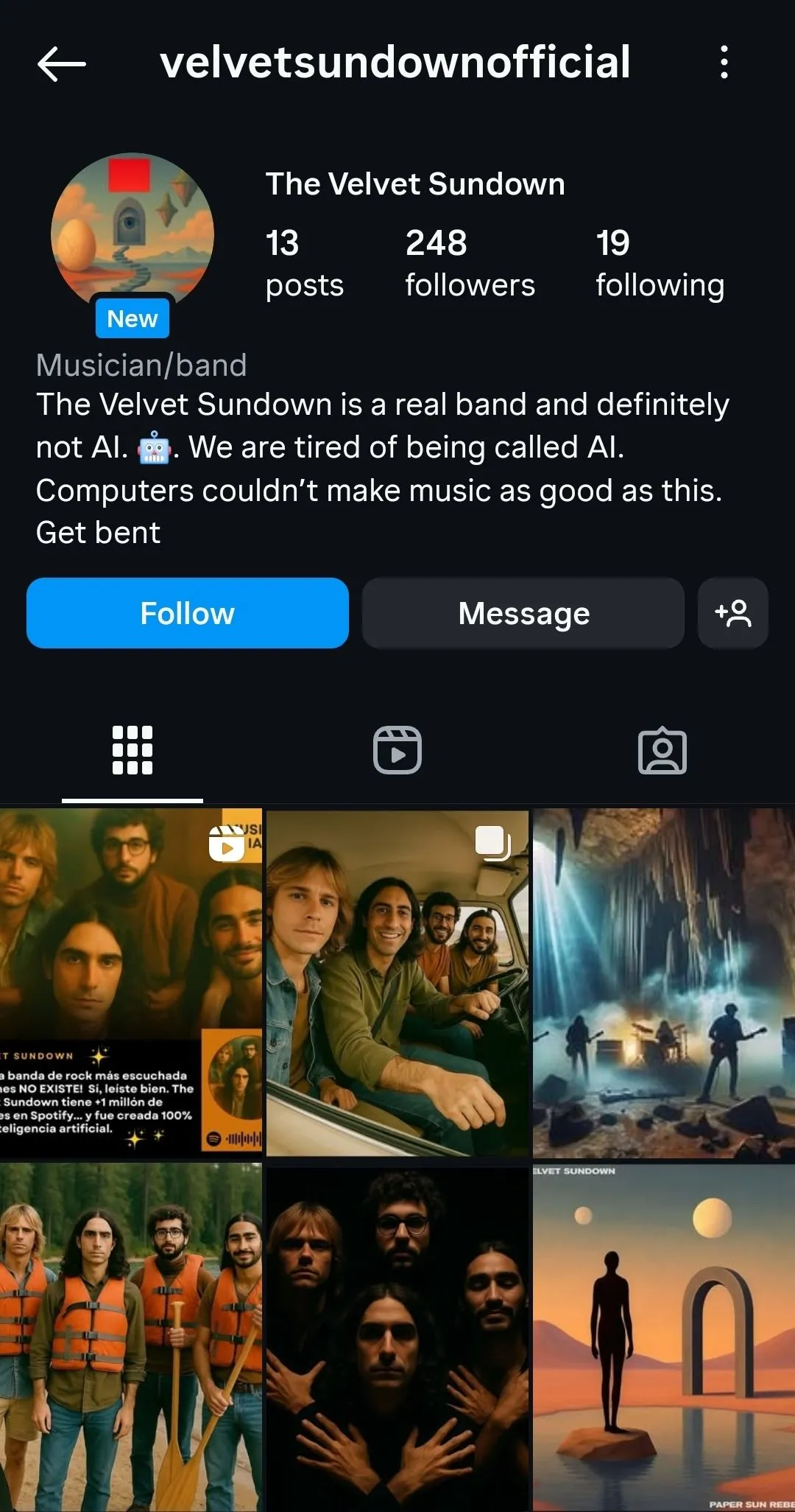 Trang Instagram của The Velvet Sundown, ví dụ về dự án nhạc AI với sự hiện diện online hạn chế