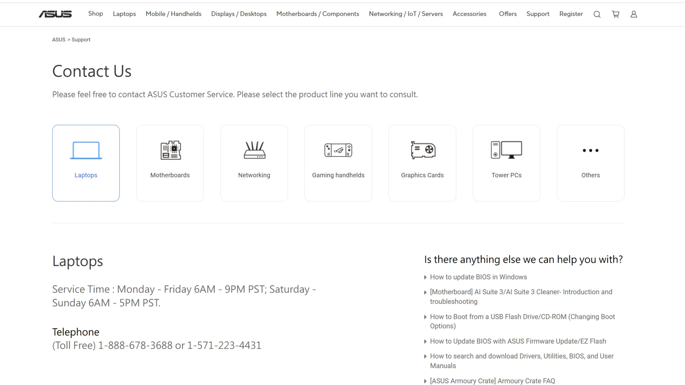 Trang Liên hệ trên website ASUS với số điện thoại miễn phí, cho thấy kênh liên lạc trực tiếp thay vì chatbot.