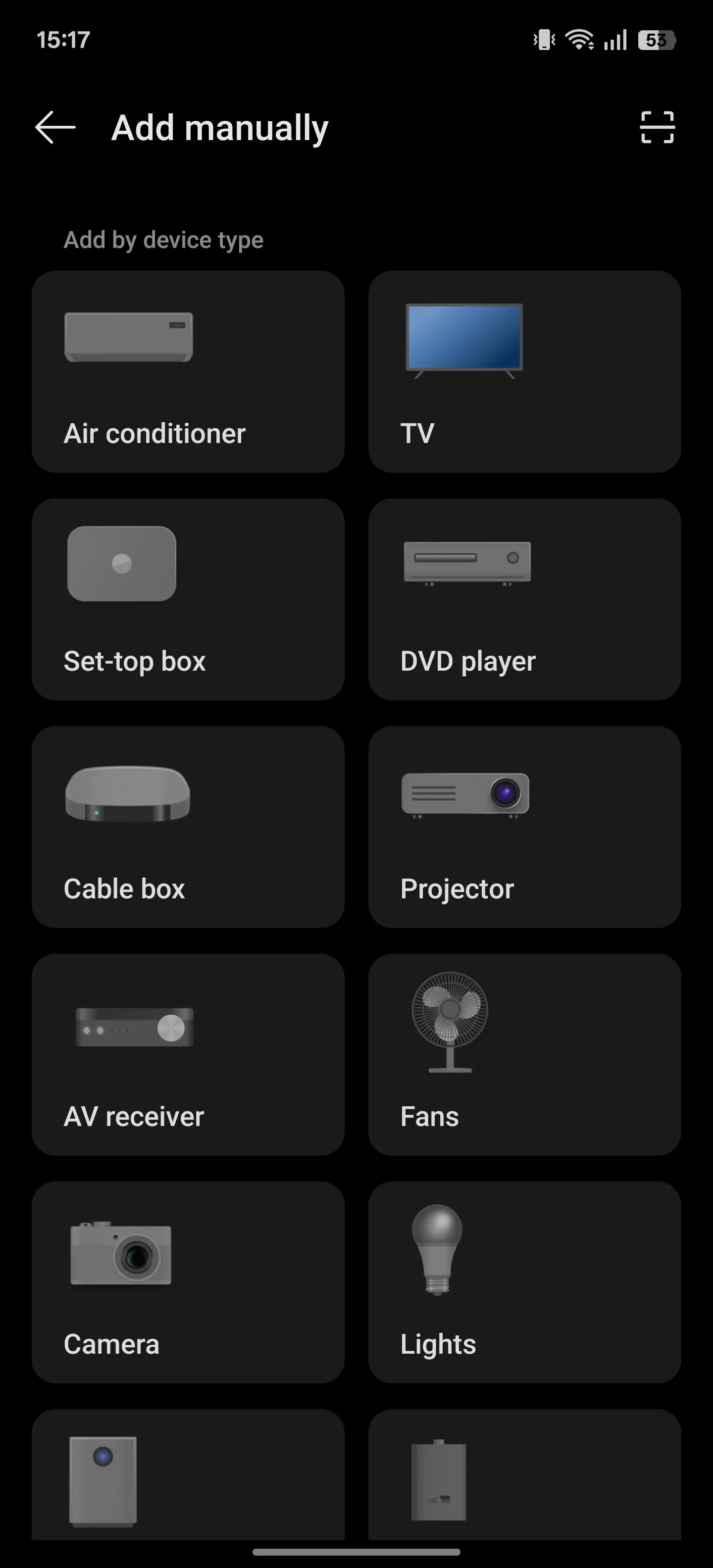 Trang lựa chọn thiết bị trong ứng dụng IR Remote của OnePlus.