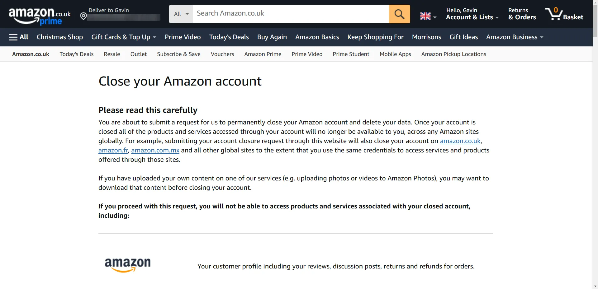 Trang quản lý tài khoản Amazon hiển thị tùy chọn đóng tài khoản, minh họa khả năng vô hiệu hóa thông tin khi có sự cố rò rỉ dữ liệu, giúp bảo vệ email chính của người dùng.