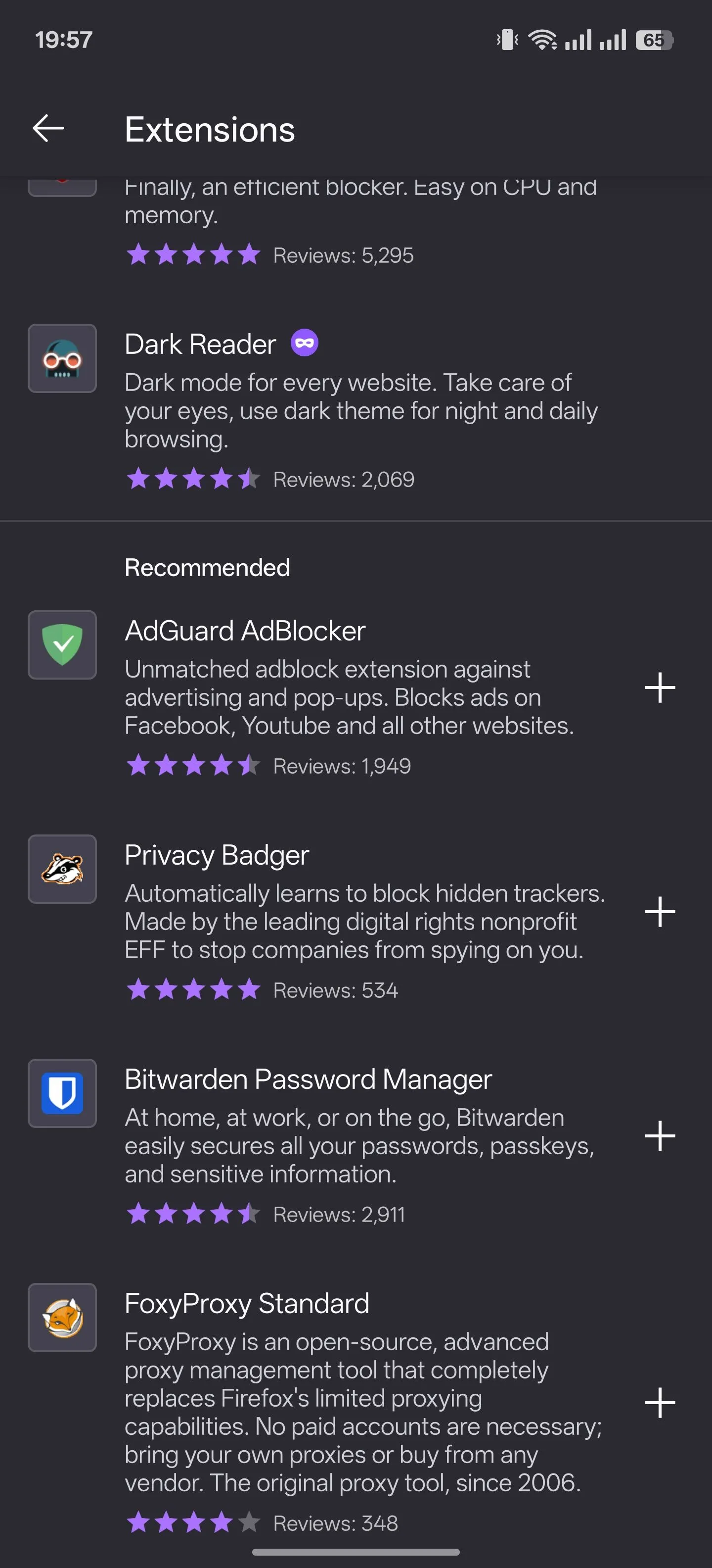 Trang quản lý tiện ích mở rộng trong ứng dụng Firefox dành cho Android.