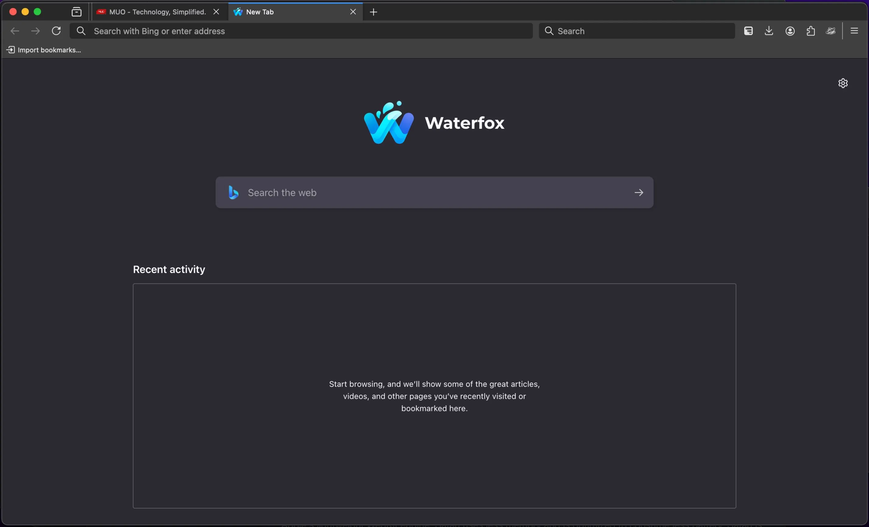Trang tab mới của trình duyệt Waterfox trên Mac