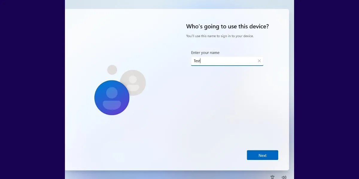 Trang thiết lập trải nghiệm ban đầu (OOBE) của Windows 11, nơi người dùng tạo tên người dùng và cài đặt câu hỏi bảo mật.