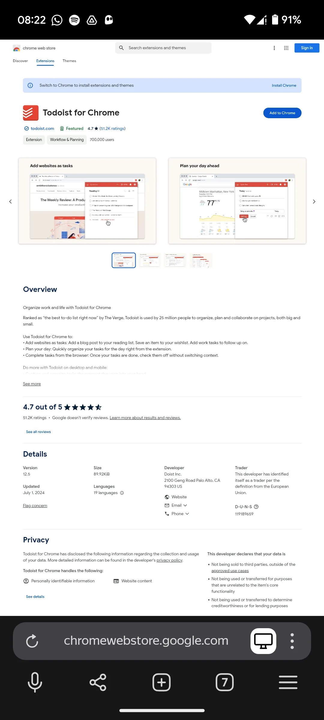 Trang tiện ích Todoist trên Chrome Web Store trong Yandex Browser