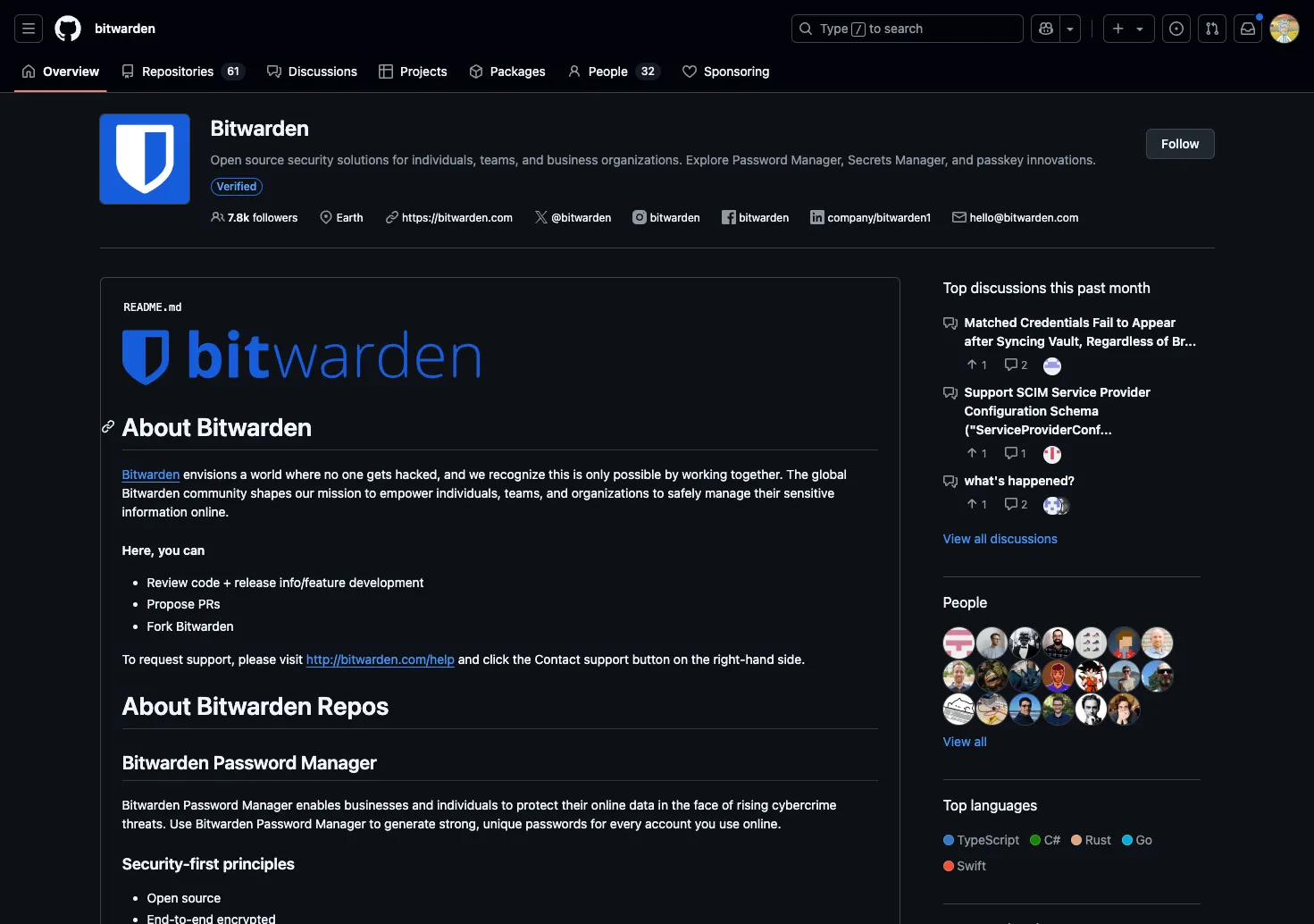 Trang tổ chức Bitwarden trên GitHub thể hiện tính minh bạch của mã nguồn mở