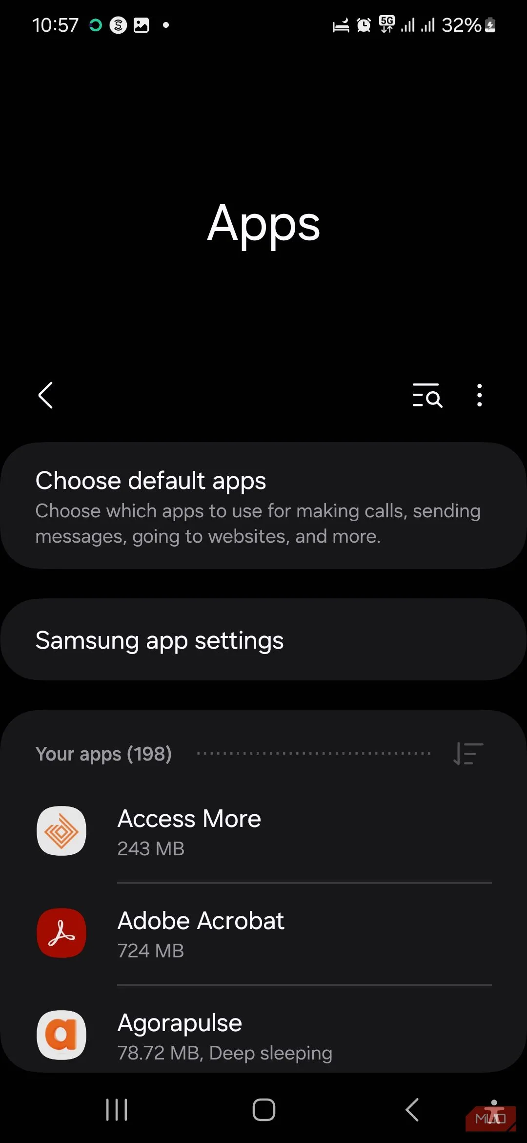 Trang ứng dụng trong cài đặt trên điện thoại Samsung