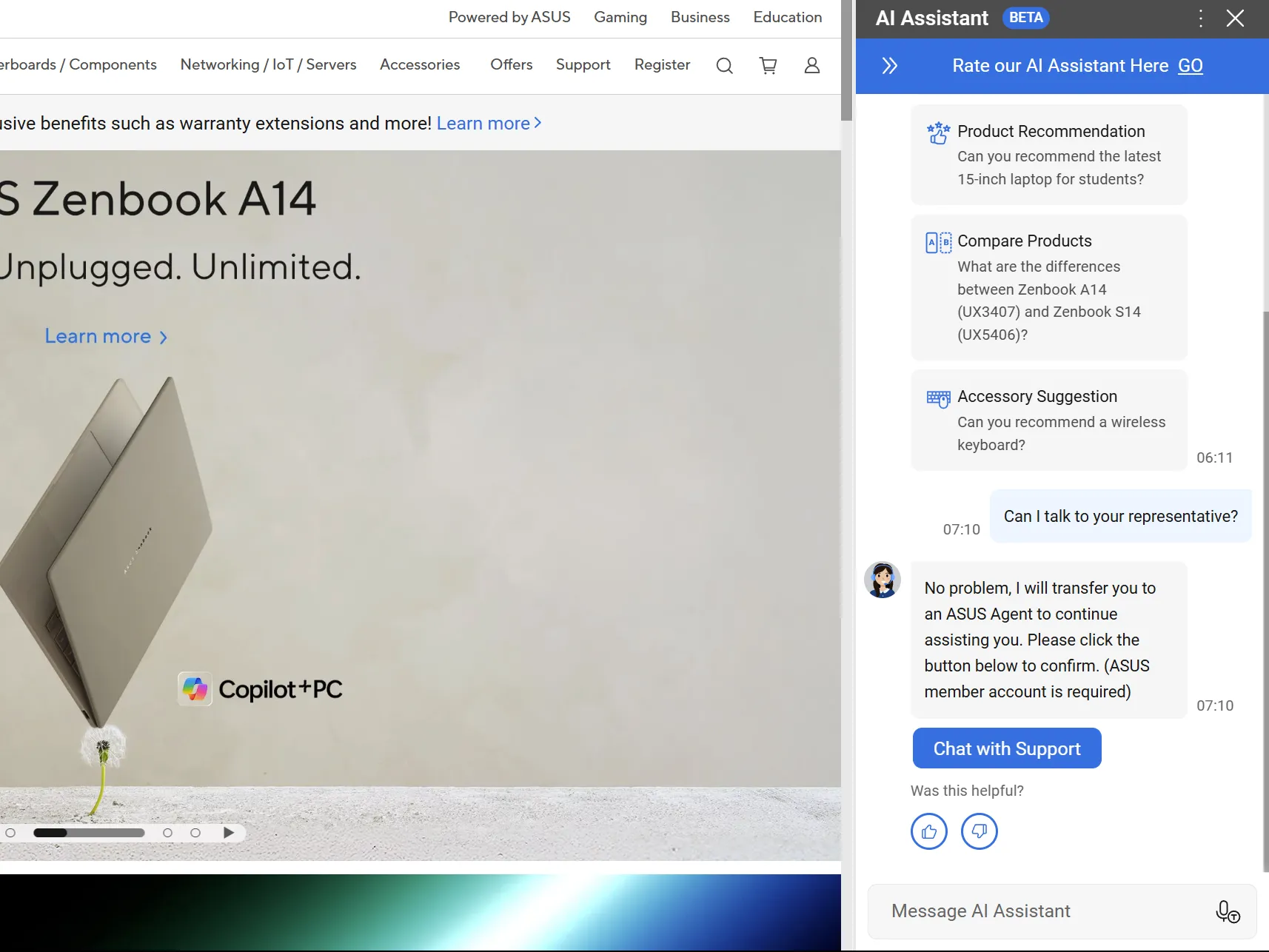 Trang web ASUS hiển thị chatbot hỗ trợ AI bên cạnh thông tin sản phẩm Zenbook A14, minh họa điểm bắt đầu cuộc trò chuyện tự động.
