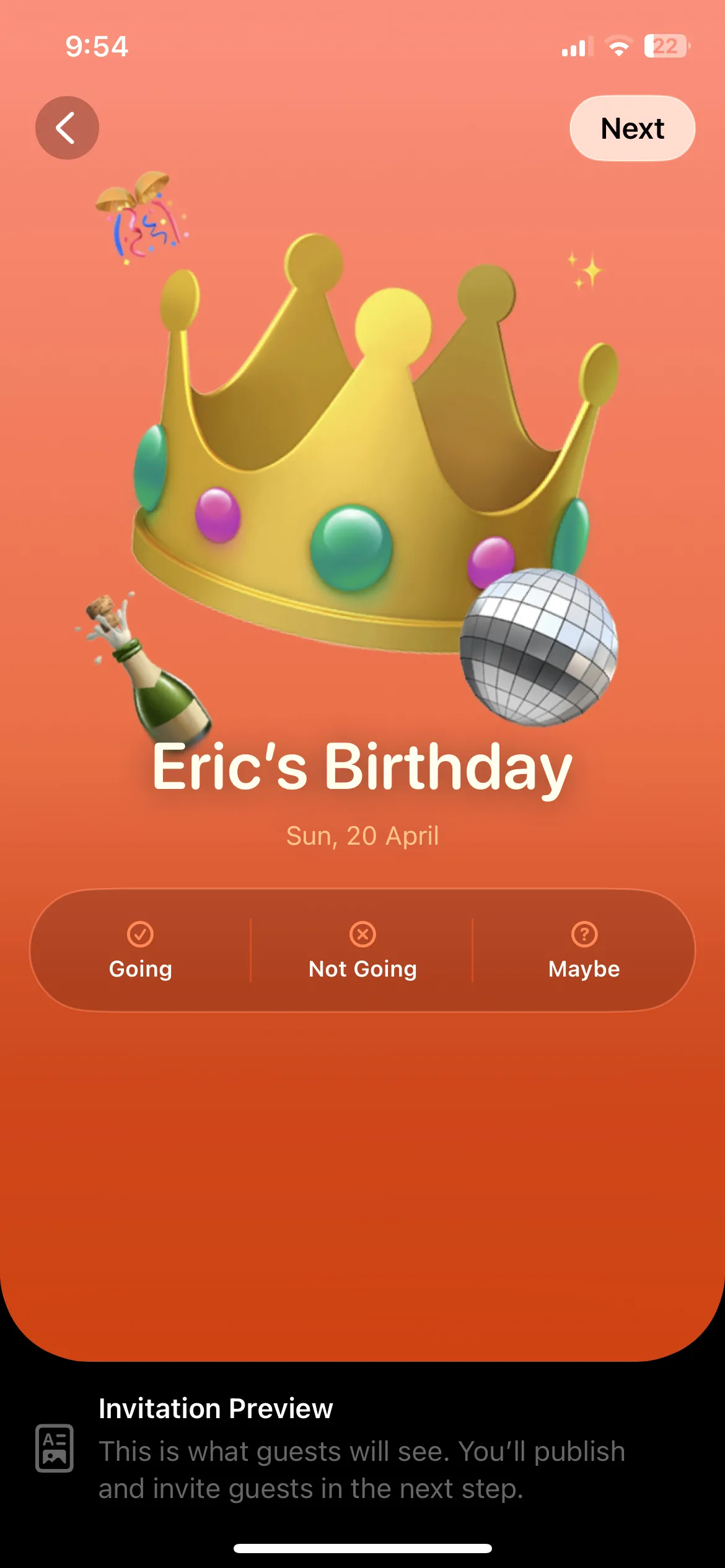 Trang xem trước lời mời trong ứng dụng Apple Invites trên iPhone