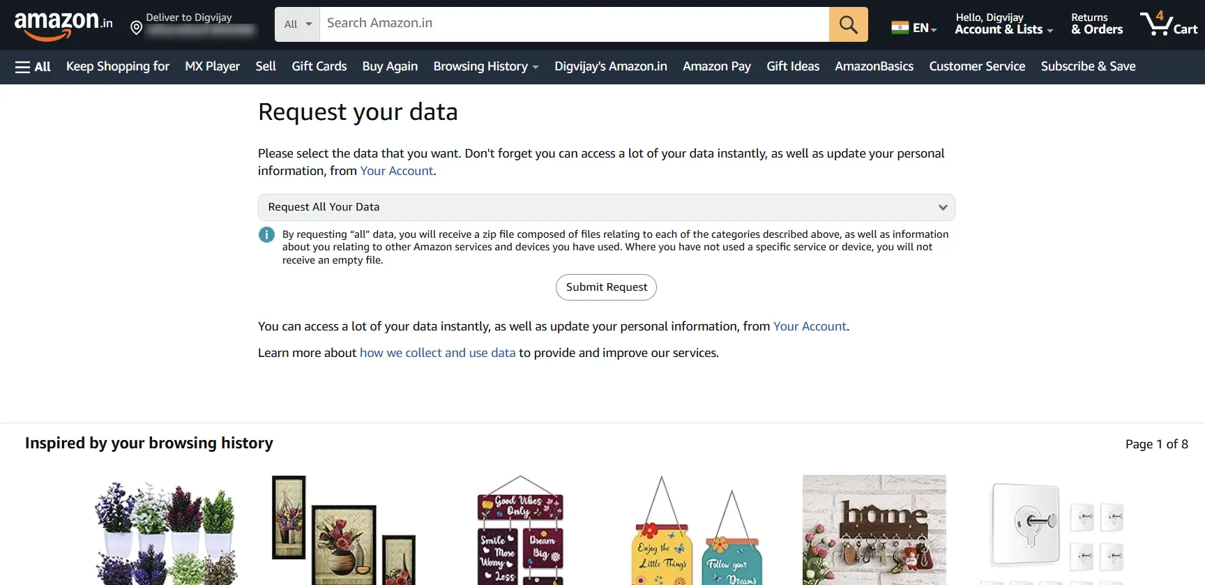 Trang yêu cầu tải xuống dữ liệu cá nhân từ Amazon