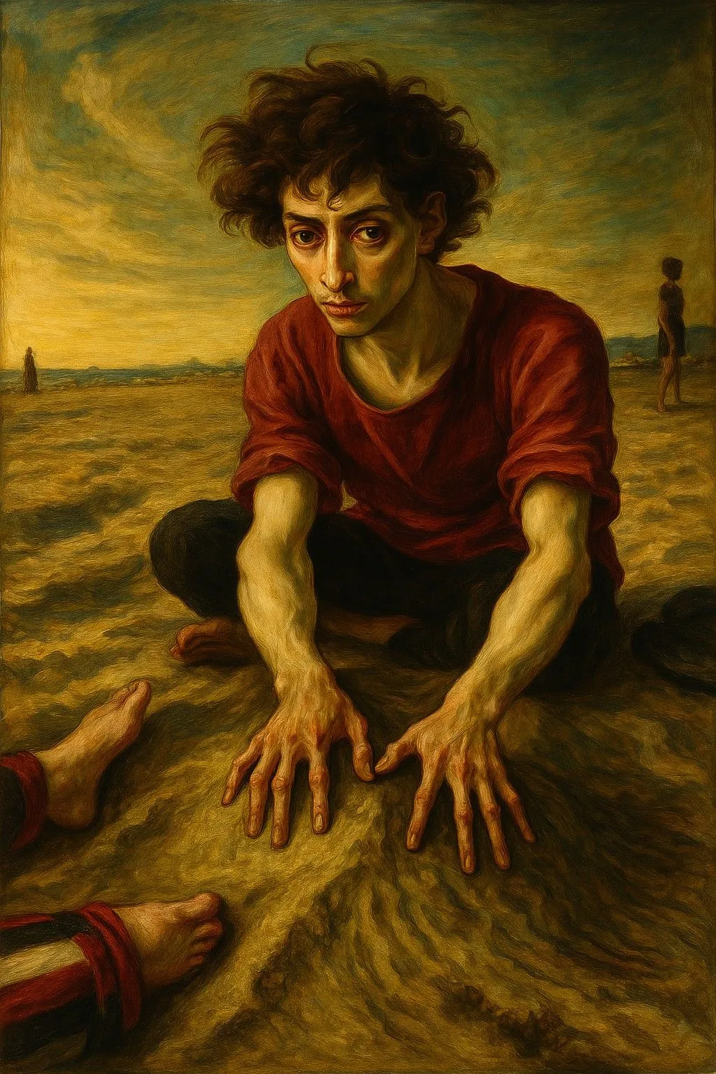 Tranh phong cách Mannerism về người đàn ông ngồi trên bãi biển với chân kỳ lạ
