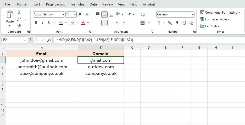Trích xuất tên miền email trong Excel với công thức phức tạp