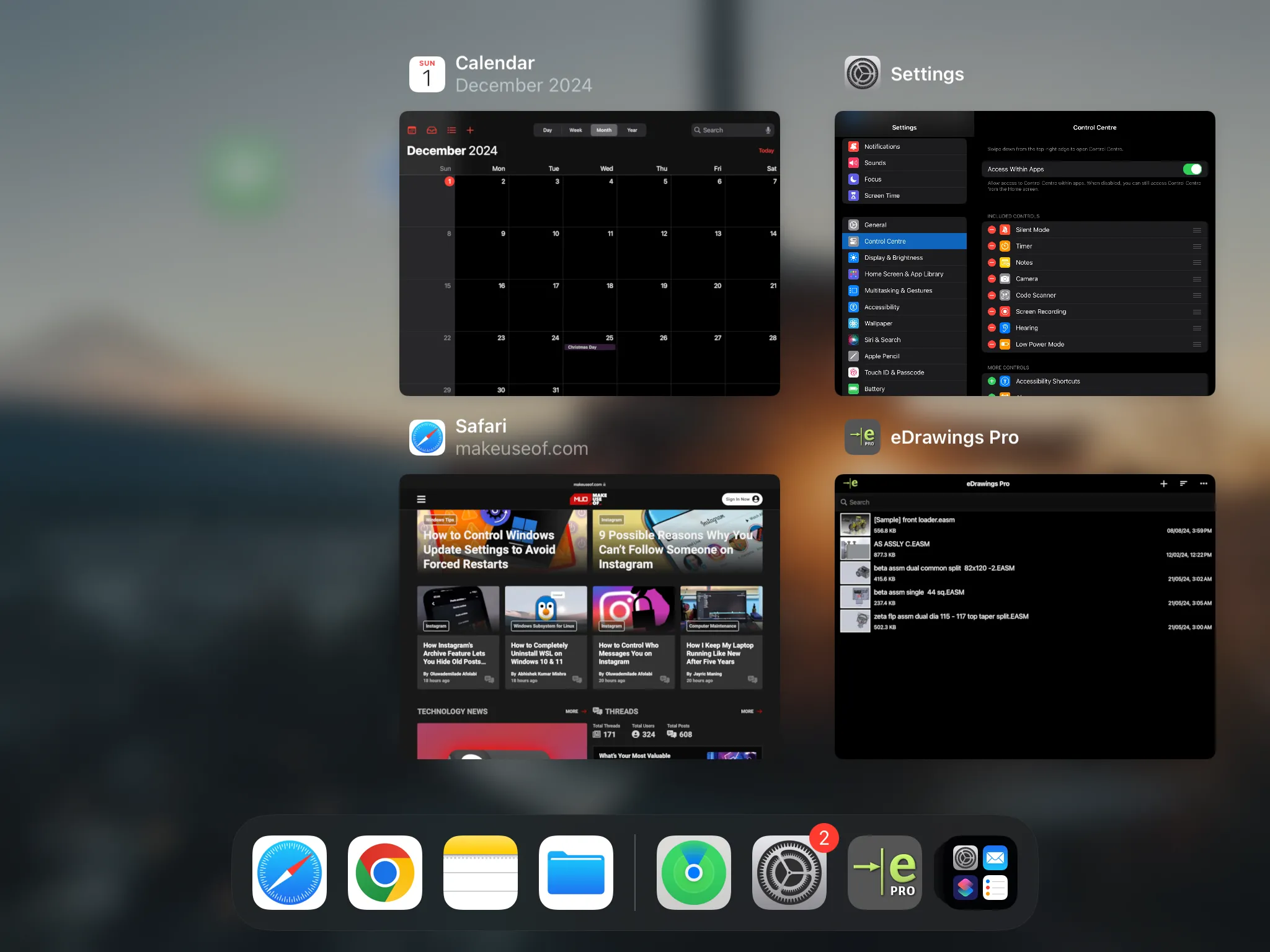 Trình chuyển đổi ứng dụng iPadOS với nhiều ứng dụng đang mở