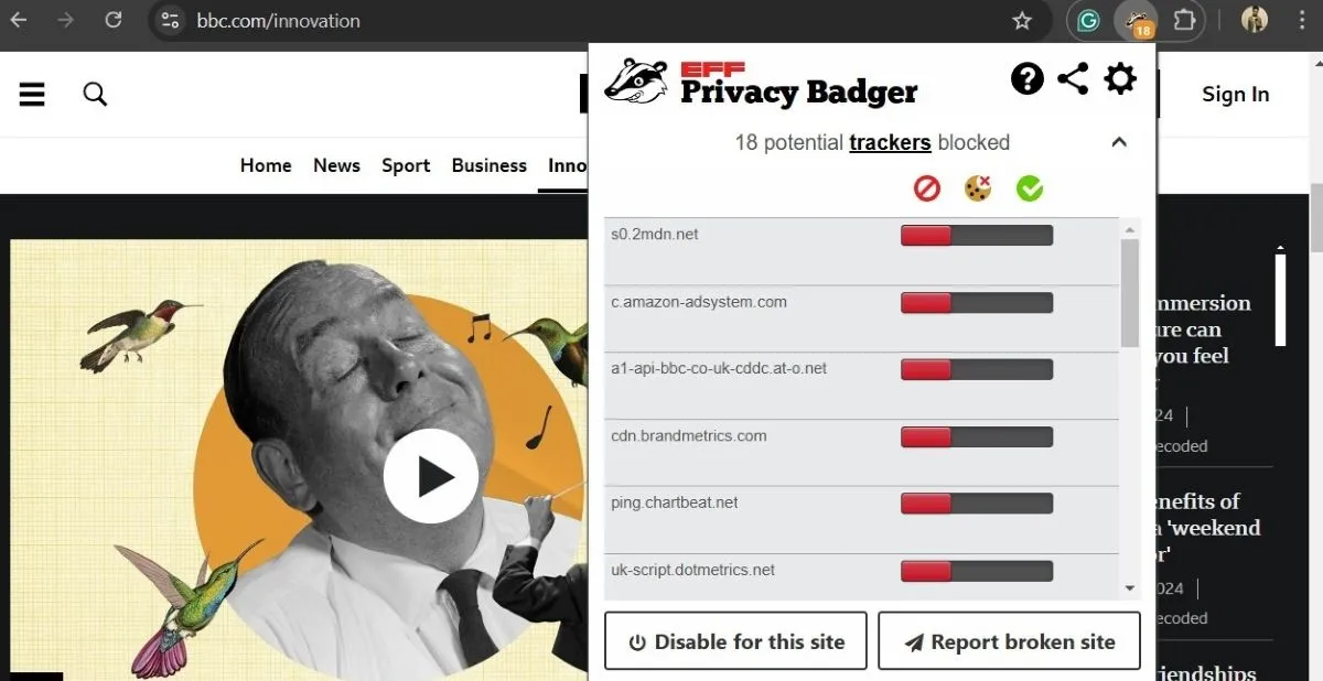Trình duyệt Google Chrome hiển thị trang web BBC với tiện ích mở rộng Privacy Badger đang hoạt động.