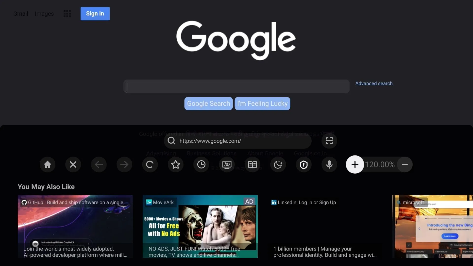 Trình duyệt web trên Smart TV hiển thị mức độ phóng to văn bản