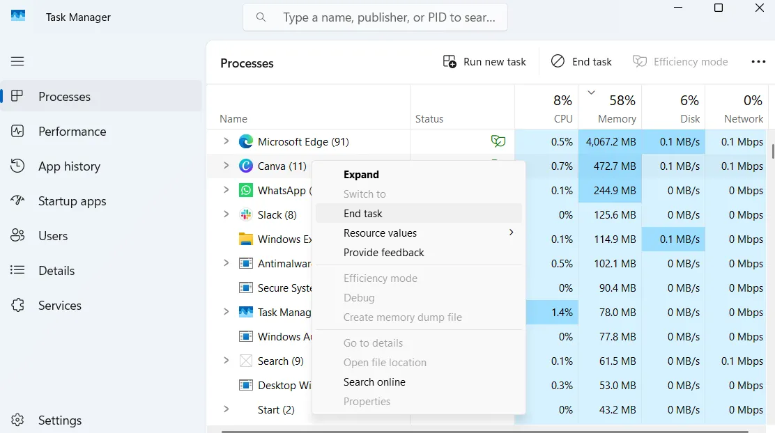 Trình quản lý tác vụ Windows hiển thị tùy chọn Kết thúc tác vụ cho ứng dụng Canva đang chạy