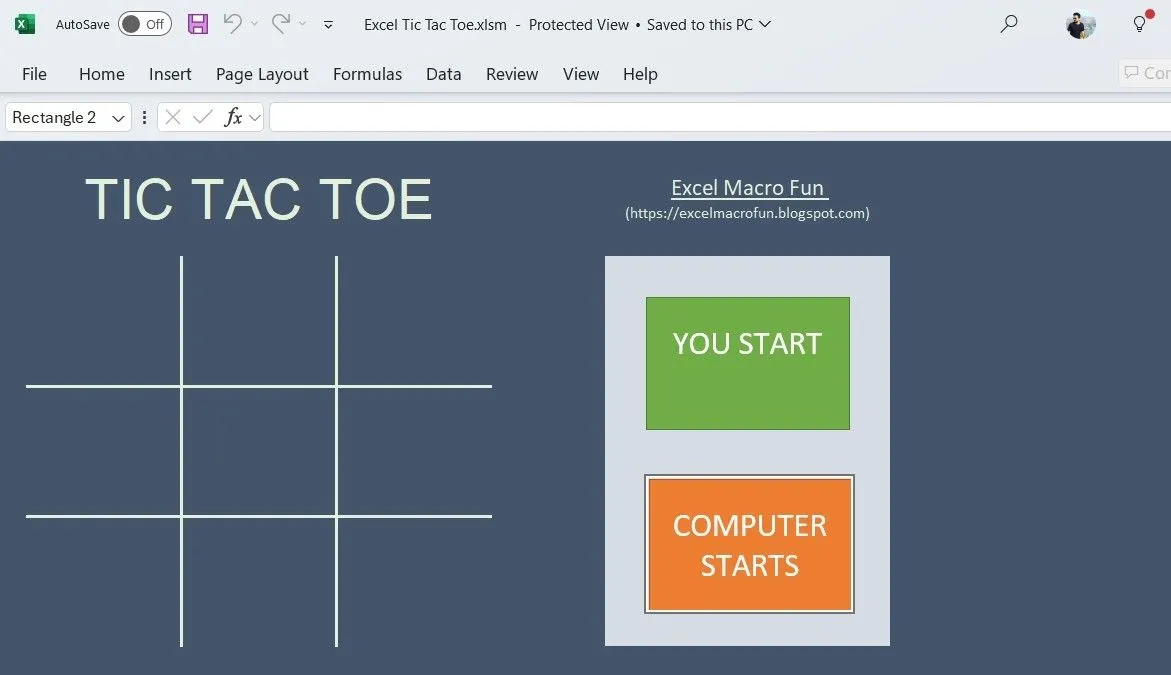 Trò chơi cờ caro (Tic-Tac-Toe) được tạo và chơi trực tiếp trong bảng tính Microsoft Excel với các ô được tùy chỉnh.