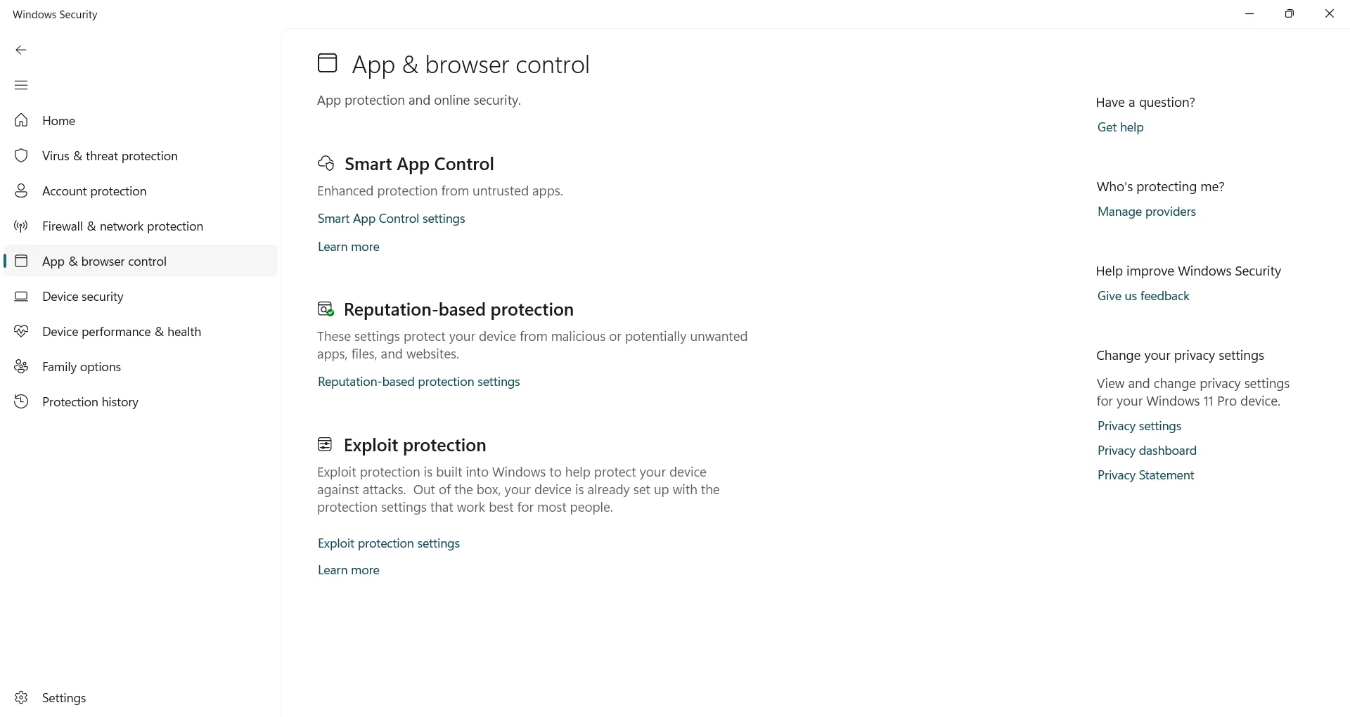 Truy cập cài đặt Exploit Protection trong App &amp; browser control của Windows Security