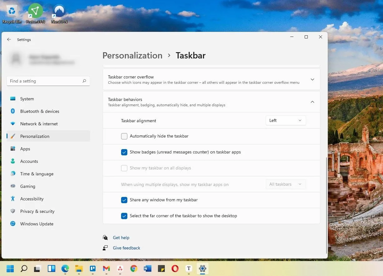 Tùy chỉnh Taskbar Windows 11 với các biểu tượng căn lề trái