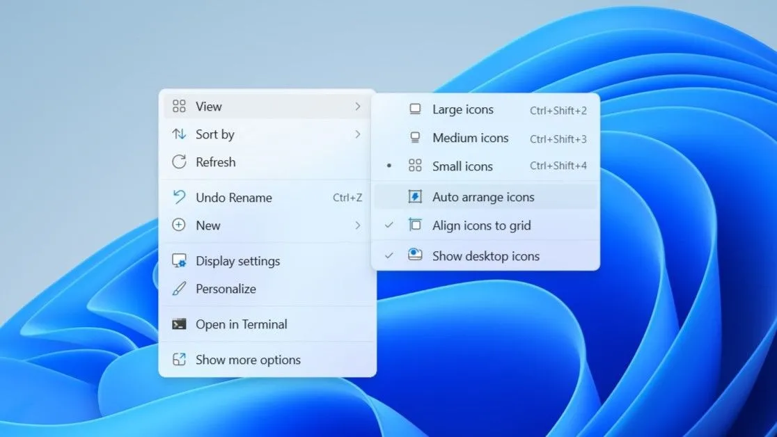 Tùy chọn 'Auto arrange icons' trong menu chuột phải trên desktop Windows