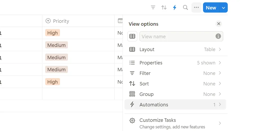 Tùy chọn Automation (Tự động hóa) trong menu của cơ sở dữ liệu liên kết Notion