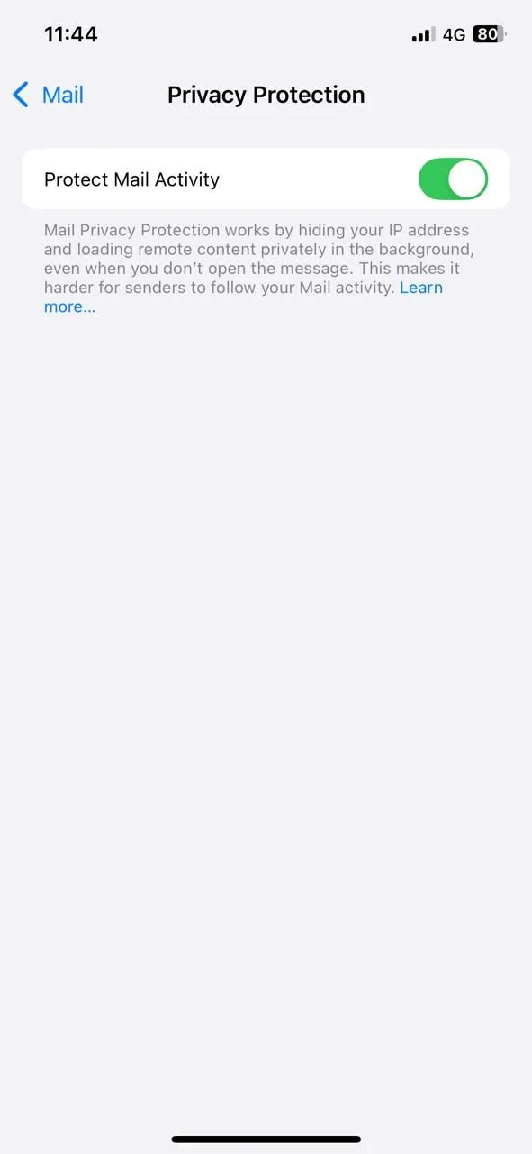 Tùy chọn Bảo vệ Hoạt động Thư trên iPhone được bật để ẩn địa chỉ IP