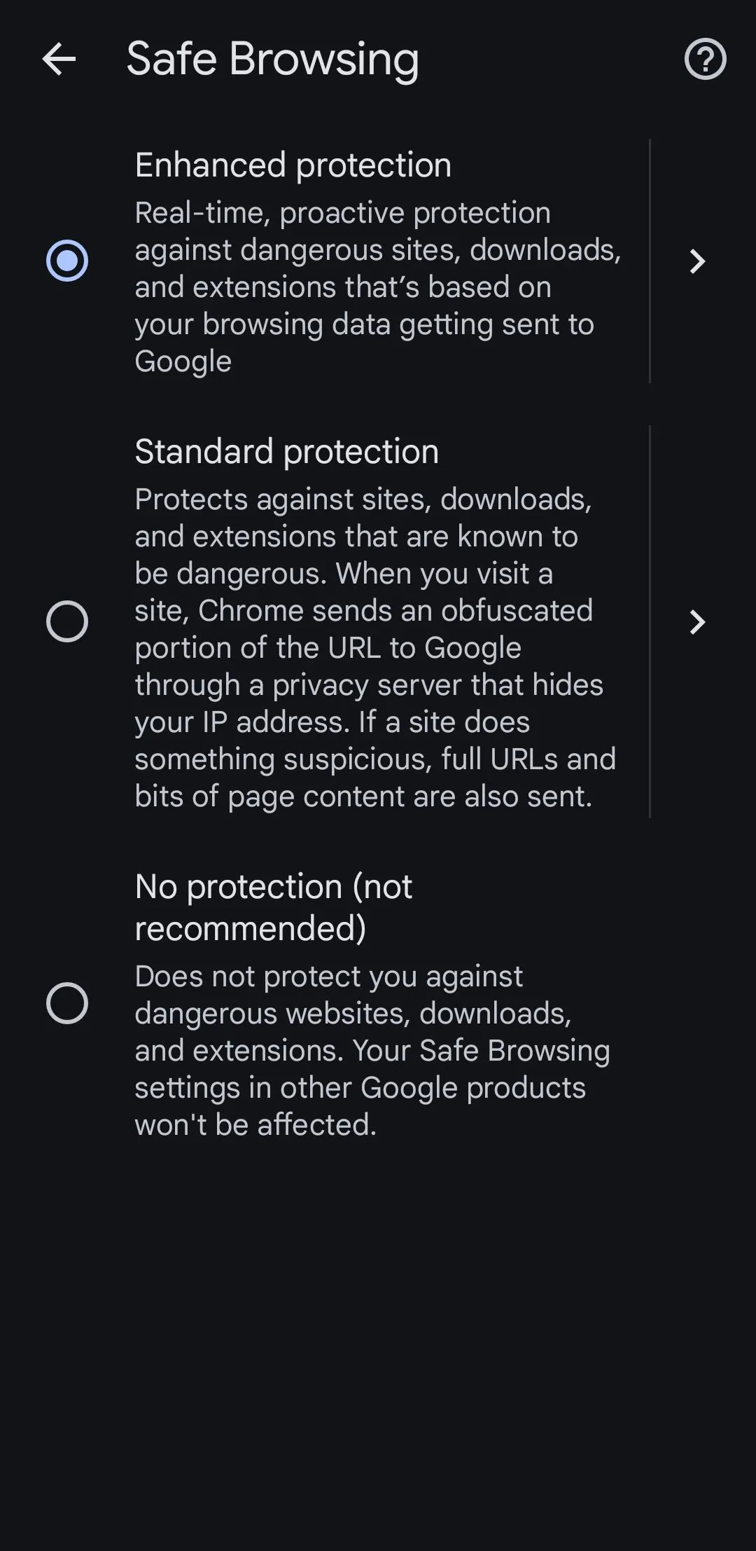 Tùy chọn bảo vệ nâng cao trong cài đặt Duyệt web an toàn của Chrome trên Android