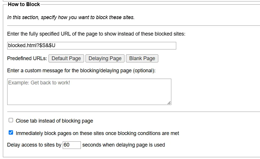 Tùy chọn cách thức chặn trang web của LeechBlock NG