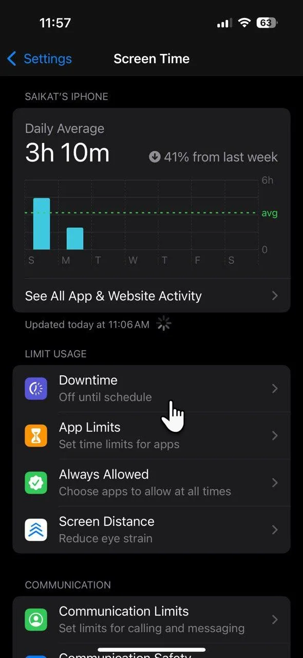 Tùy chọn cài đặt chế độ Giờ nghỉ (Downtime) trong Screen Time của iPhone để giới hạn việc sử dụng ứng dụng và cuộc gọi trong khoảng thời gian nhất định.