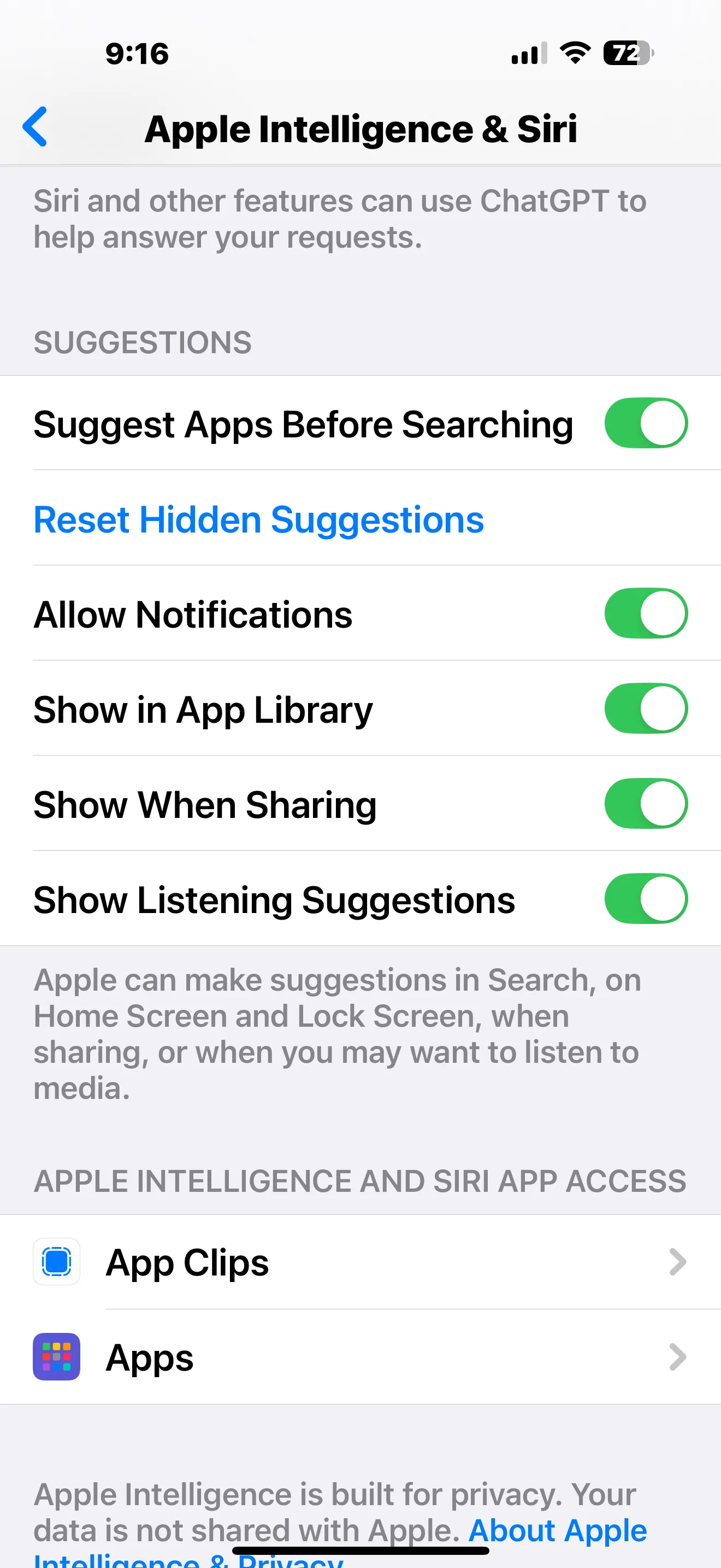 Tùy chọn cài đặt truy cập ứng dụng của Apple Intelligence, cho phép người dùng kiểm soát AI theo từng ứng dụng