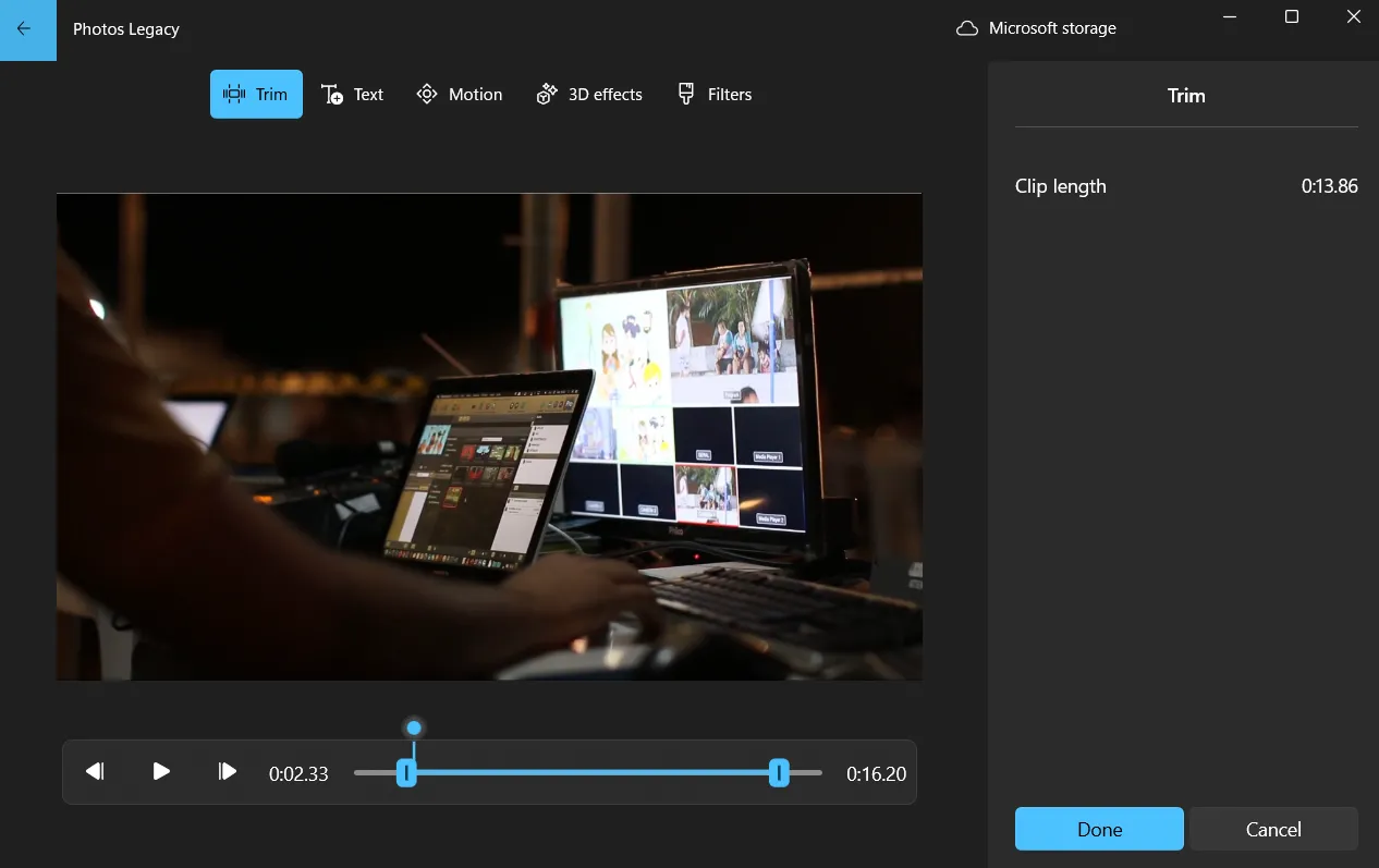 Tùy chọn cắt video (Trim) trong trình chỉnh sửa Photos Legacy, hiển thị thanh trượt thời gian