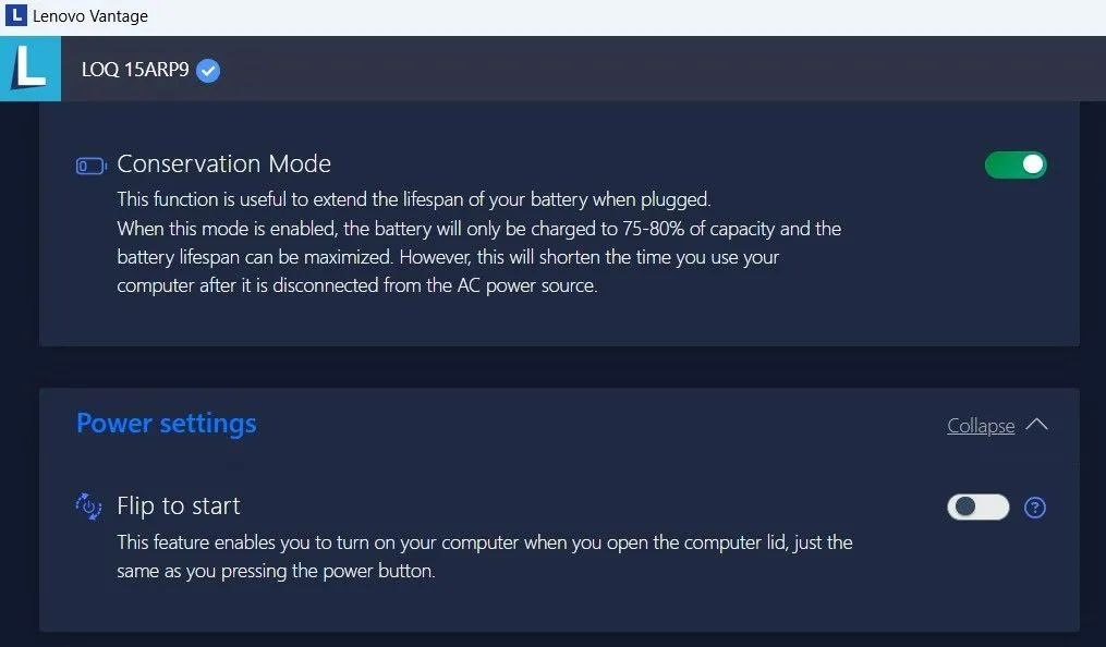 Tùy chọn Chế độ Bảo tồn Pin (Conservation Mode) trong ứng dụng Lenovo Vantage