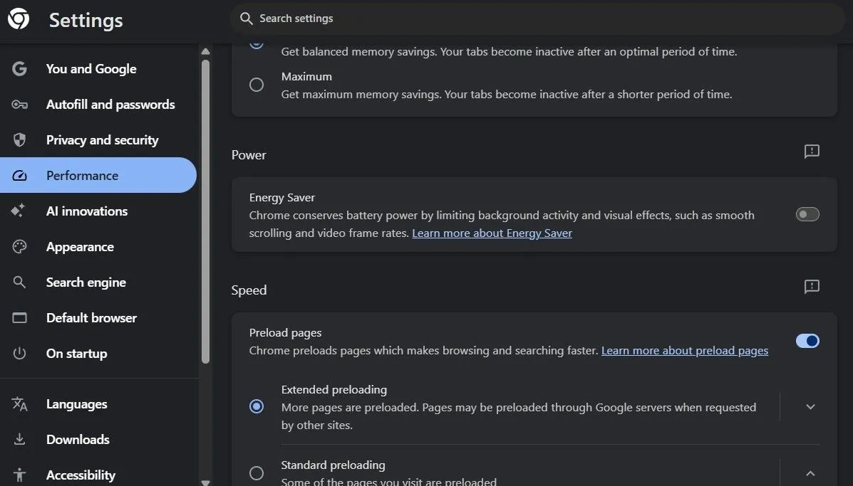 Tùy chọn Chế độ tiết kiệm năng lượng của Google Chrome được tắt để ưu tiên hiệu suất