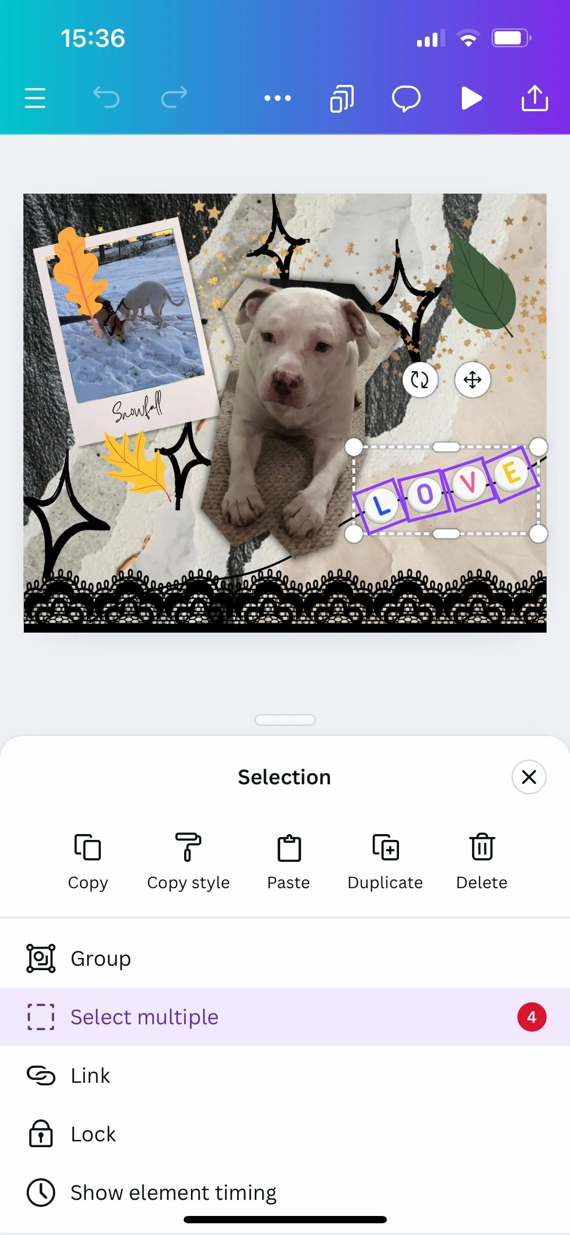 Tùy chọn &quot;Chọn nhiều&quot; (Select Multiple) được làm nổi bật trong menu của ứng dụng Canva.