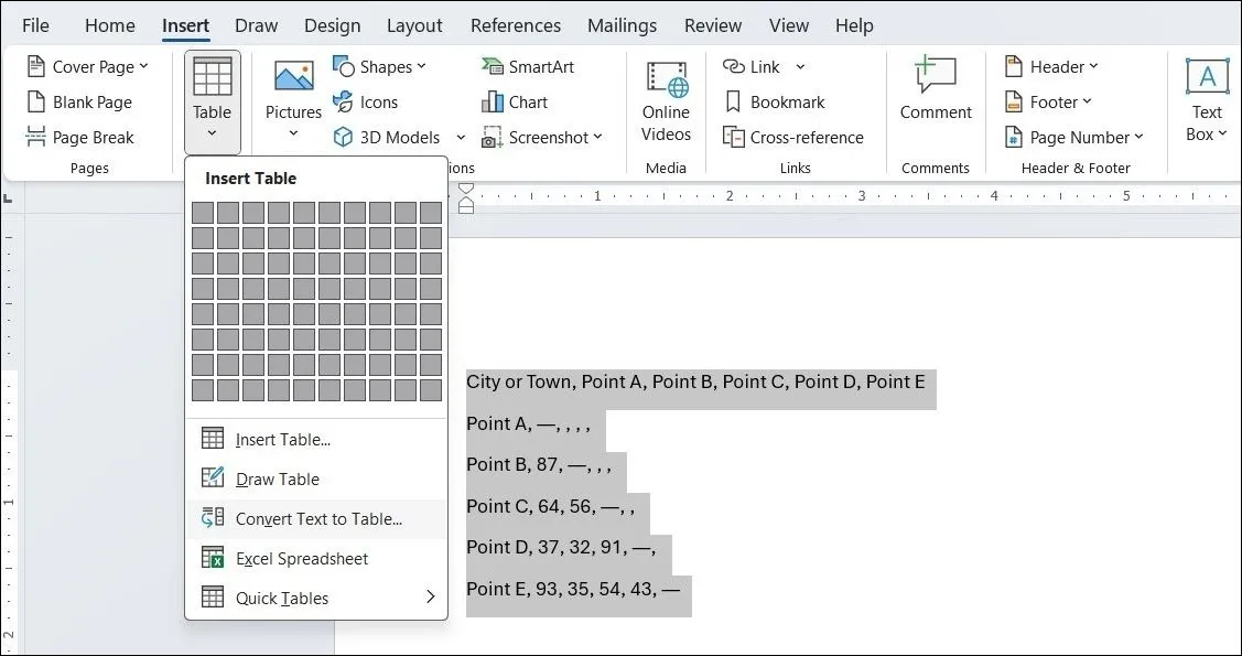 Tùy chọn Chuyển văn bản thành bảng trong MS Word
