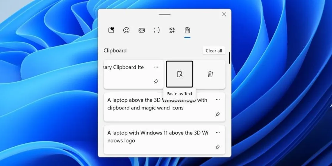Tùy chọn dán dưới dạng văn bản được làm nổi bật trong Clipboard Windows 11