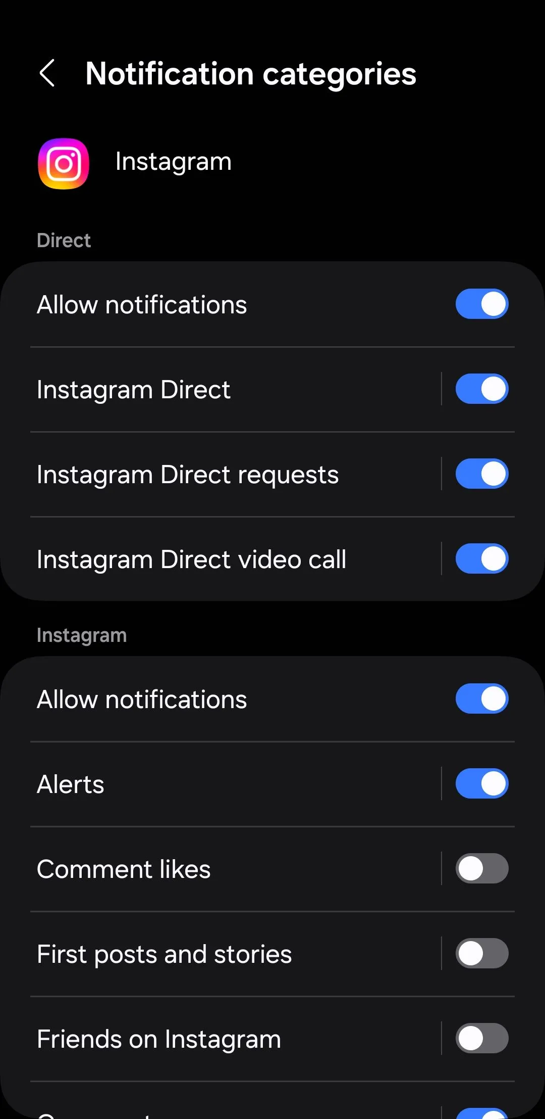 Tùy chọn danh mục thông báo Instagram trên Android