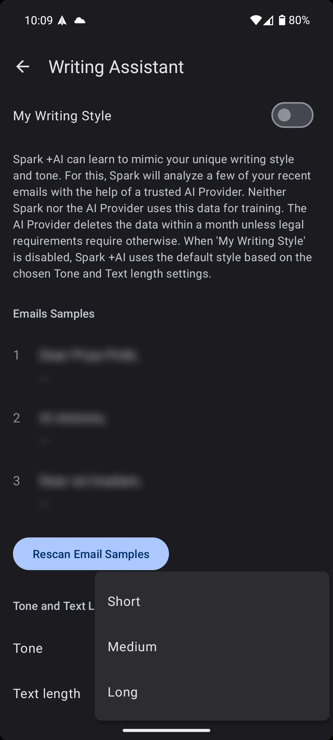 Tùy chọn điều chỉnh độ dài văn bản khi soạn email bằng tính năng +AI của Spark Mail