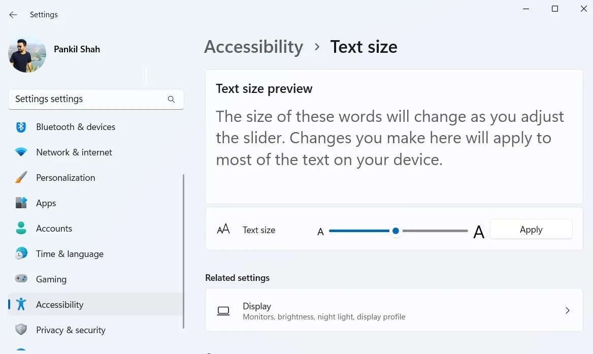 Tùy chọn điều chỉnh kích thước văn bản trong ứng dụng Cài đặt Windows