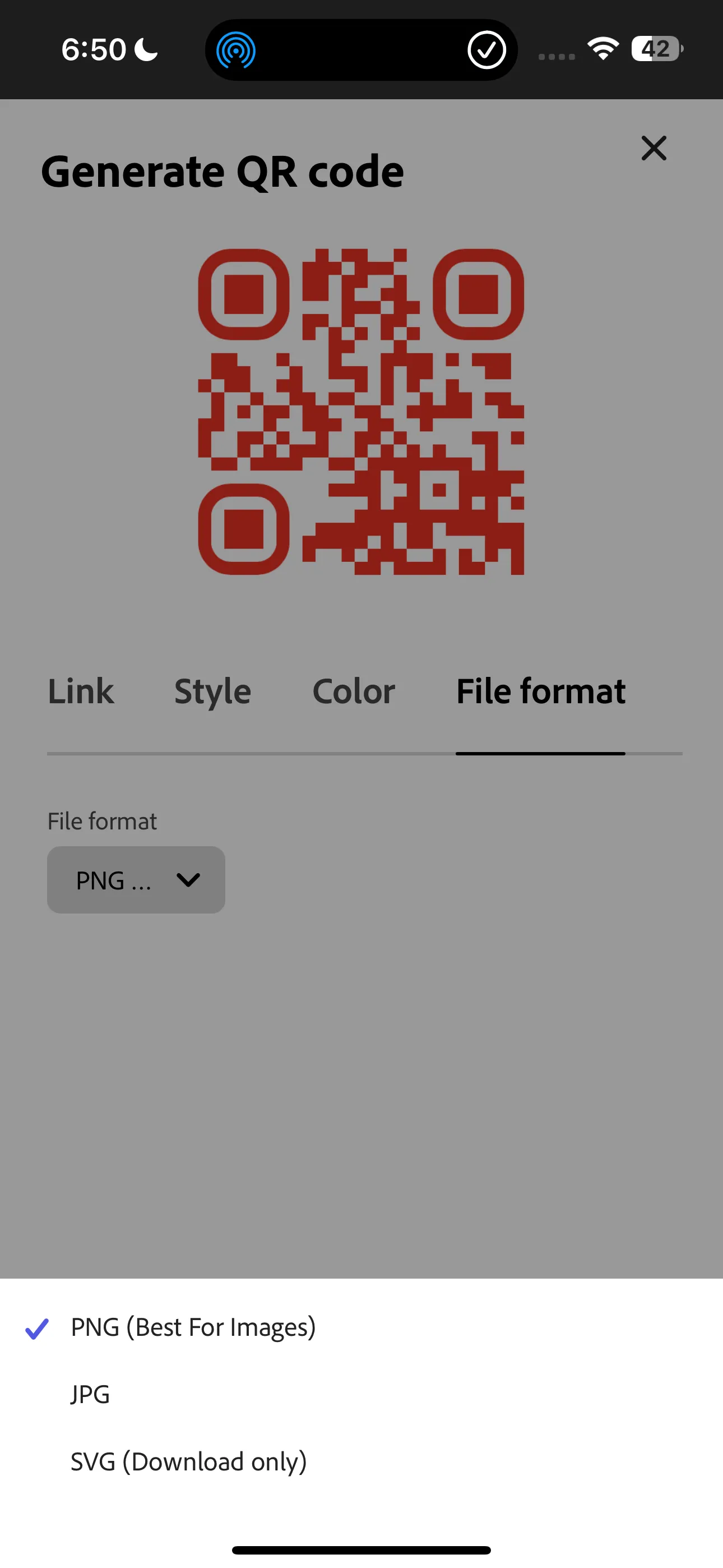 Tùy chọn định dạng tệp tải xuống cho mã QR trong Adobe Express