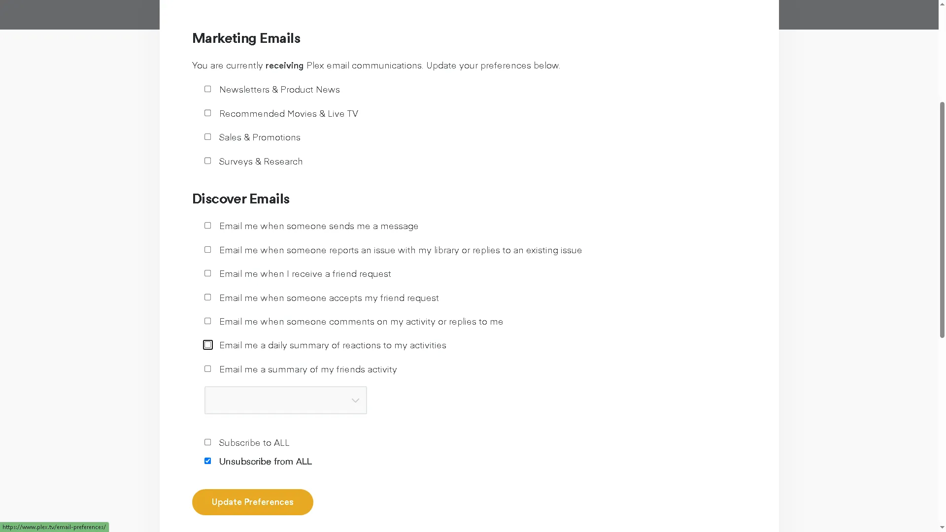 Tùy chọn email tiếp thị của Plex trong menu cài đặt tài khoản