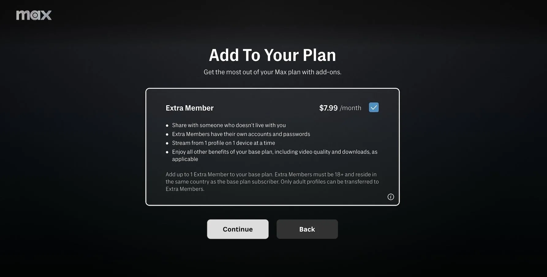 Tùy chọn Extra Member Add-On trong cài đặt tài khoản Max để quản lý chia sẻ