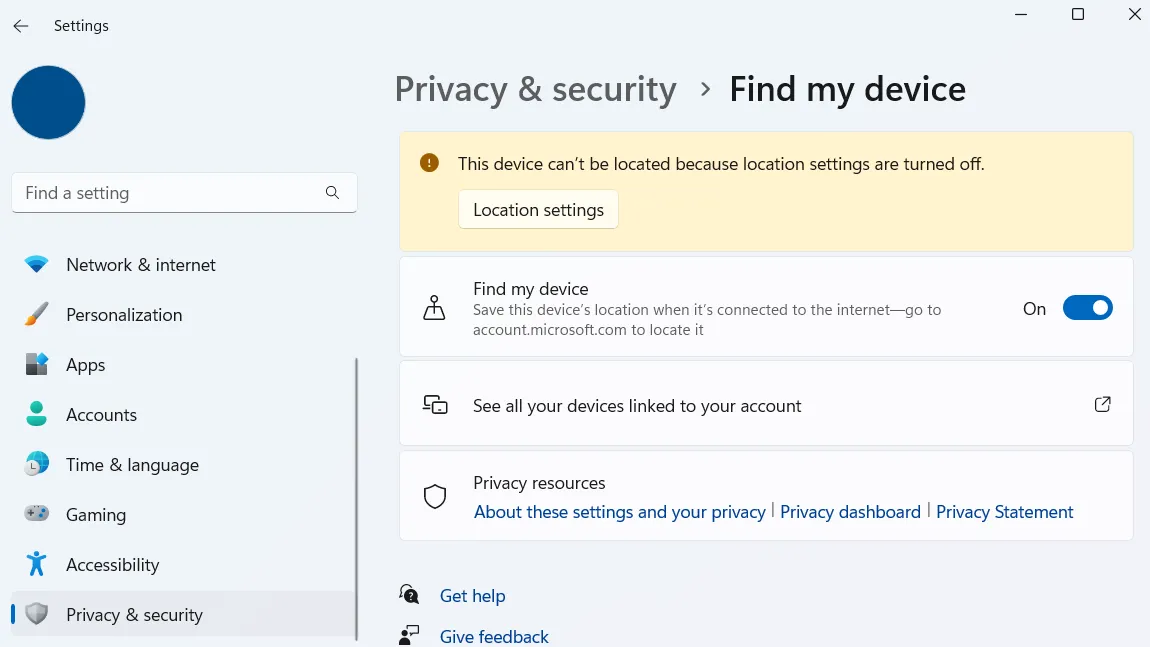 Tùy chọn Find my device trong cài đặt Windows 11