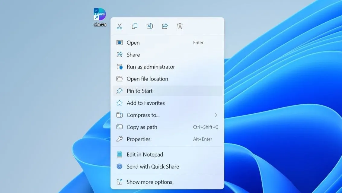 Tùy chọn 'Ghim vào Start' trong menu chuột phải Windows