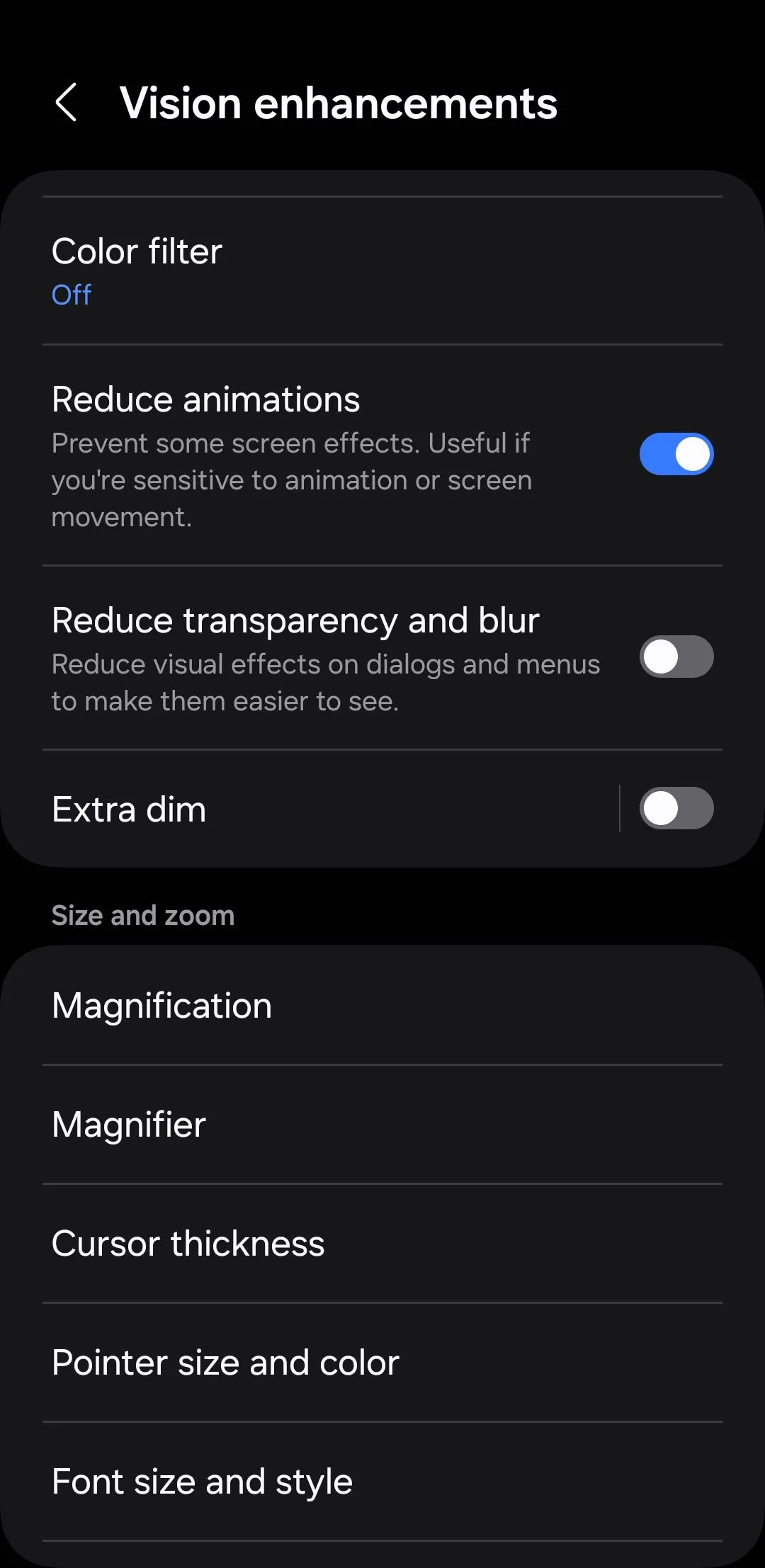 Tùy chọn giảm hiệu ứng động trong cài đặt nâng cao hiển thị trên Android