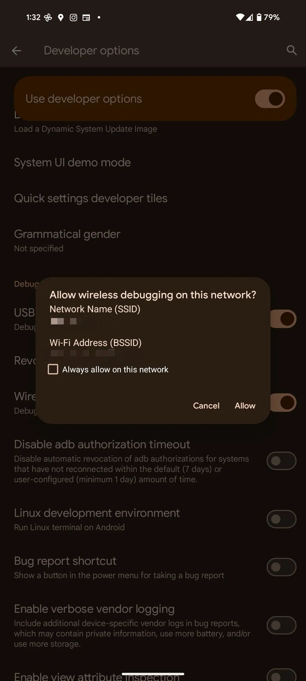 Tùy chọn gỡ lỗi USB không dây (Wireless USB Debugging) trong cài đặt Developer Options Android.