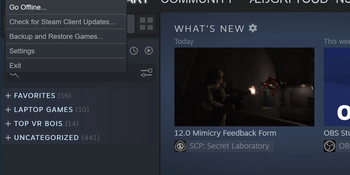 Tùy chọn "Go Offline" trong menu Steam để kích hoạt chế độ ngoại tuyến