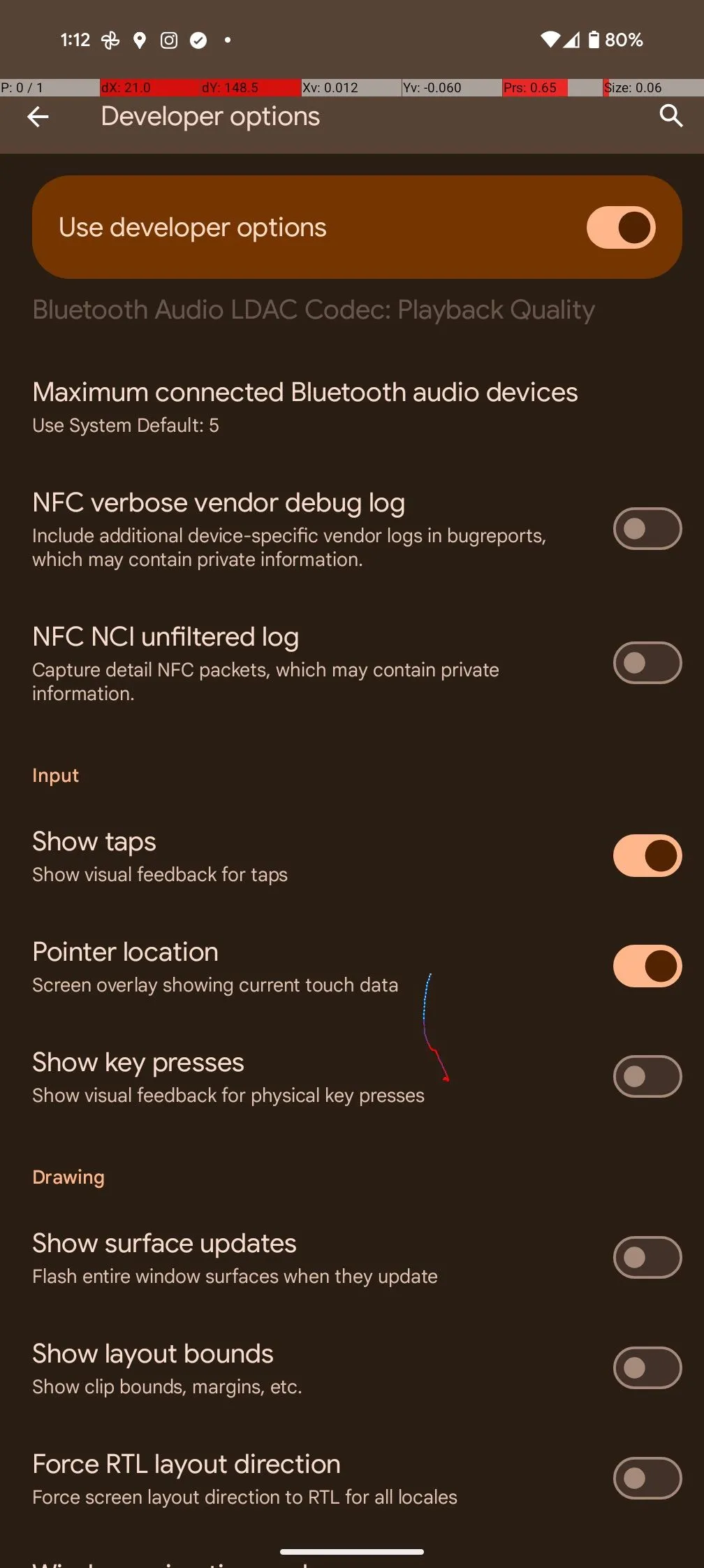 Tùy chọn hiển thị chạm màn hình (Show taps) và vị trí con trỏ (Pointer location) được bật trong Developer Options trên Pixel 8 Pro.