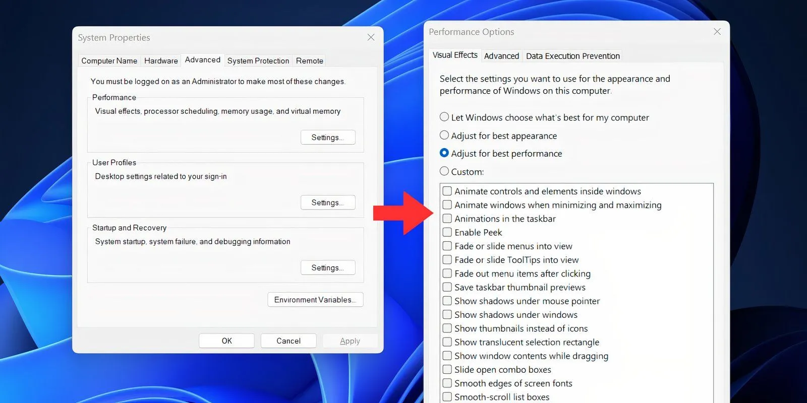 Tùy chọn hiệu ứng hình ảnh trong Windows 11 với chế độ hiệu suất tốt nhất