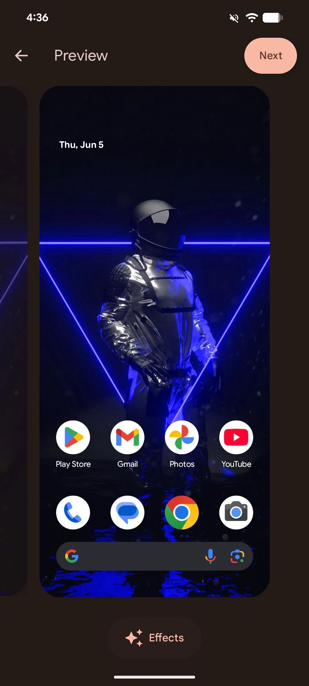 Tùy chọn hiệu ứng trên màn hình xem trước hình nền Android 16.