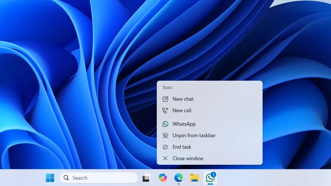 Tùy chọn Kết thúc tác vụ cho ứng dụng WhatsApp trên thanh tác vụ Windows 11